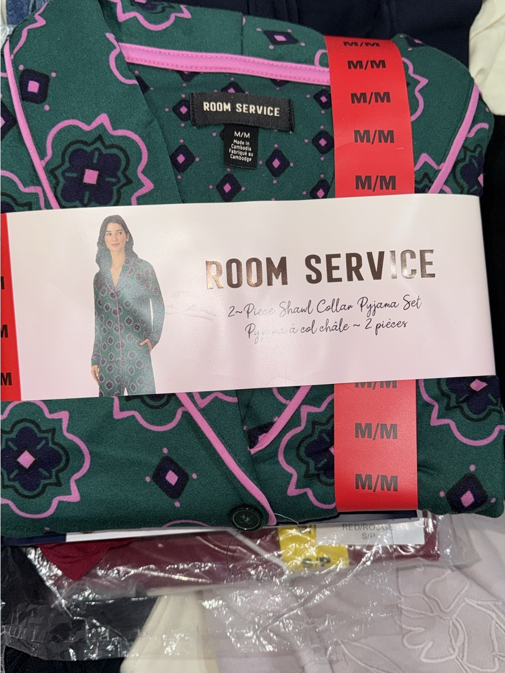 Women's 2-Piece Shawl Collar Pajama Set - Emerald Green with Pink Accents